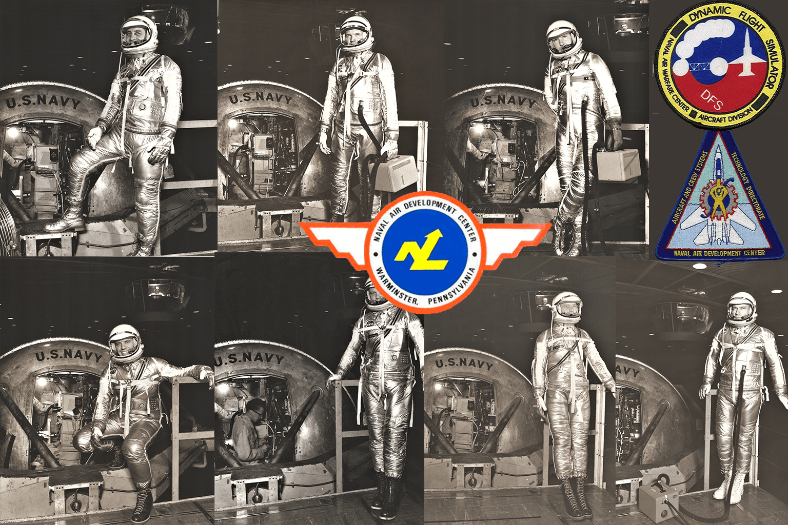 Mercury Astraonauts in front of the Johnsville Centrifuge Gondola
